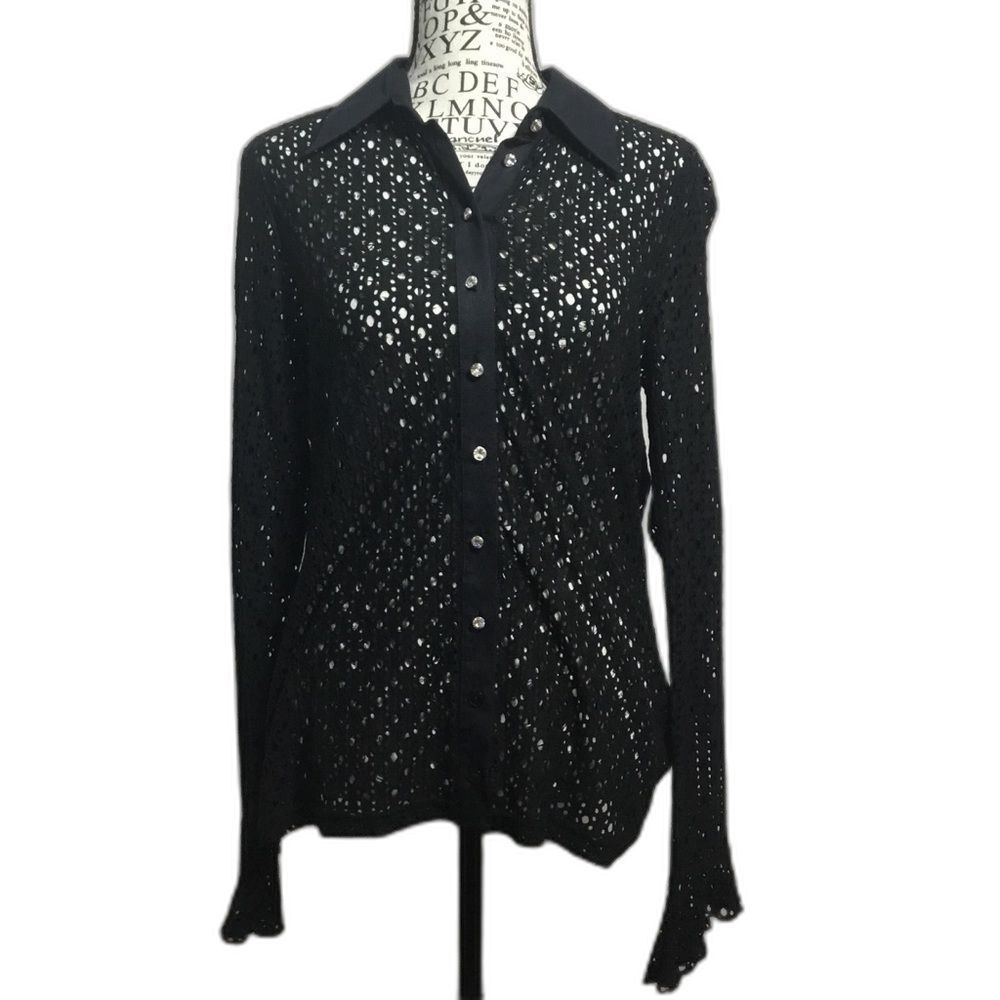 Black mesh sheer button down shirt gemstone buttons flounce long sleeve whimsy S